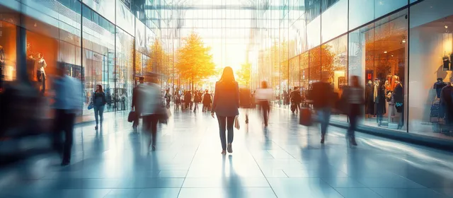Shoppers walk through a glass mall corridor with reflections and motion blur toward daylight and trees.