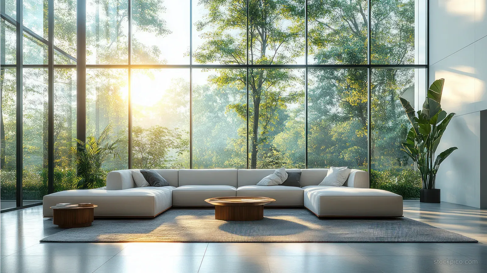 Minimalist living room with a low sectional sofa, floor-to-ceiling windows, and warm sunrise light.