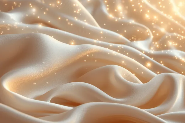 Golden satin wave fabric with soft glow bokeh and sparkling flare light