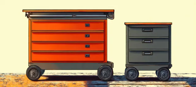 Orange rolling tool cart with multiple drawers and wheels sits beside a smaller gray tool chest on the floor.