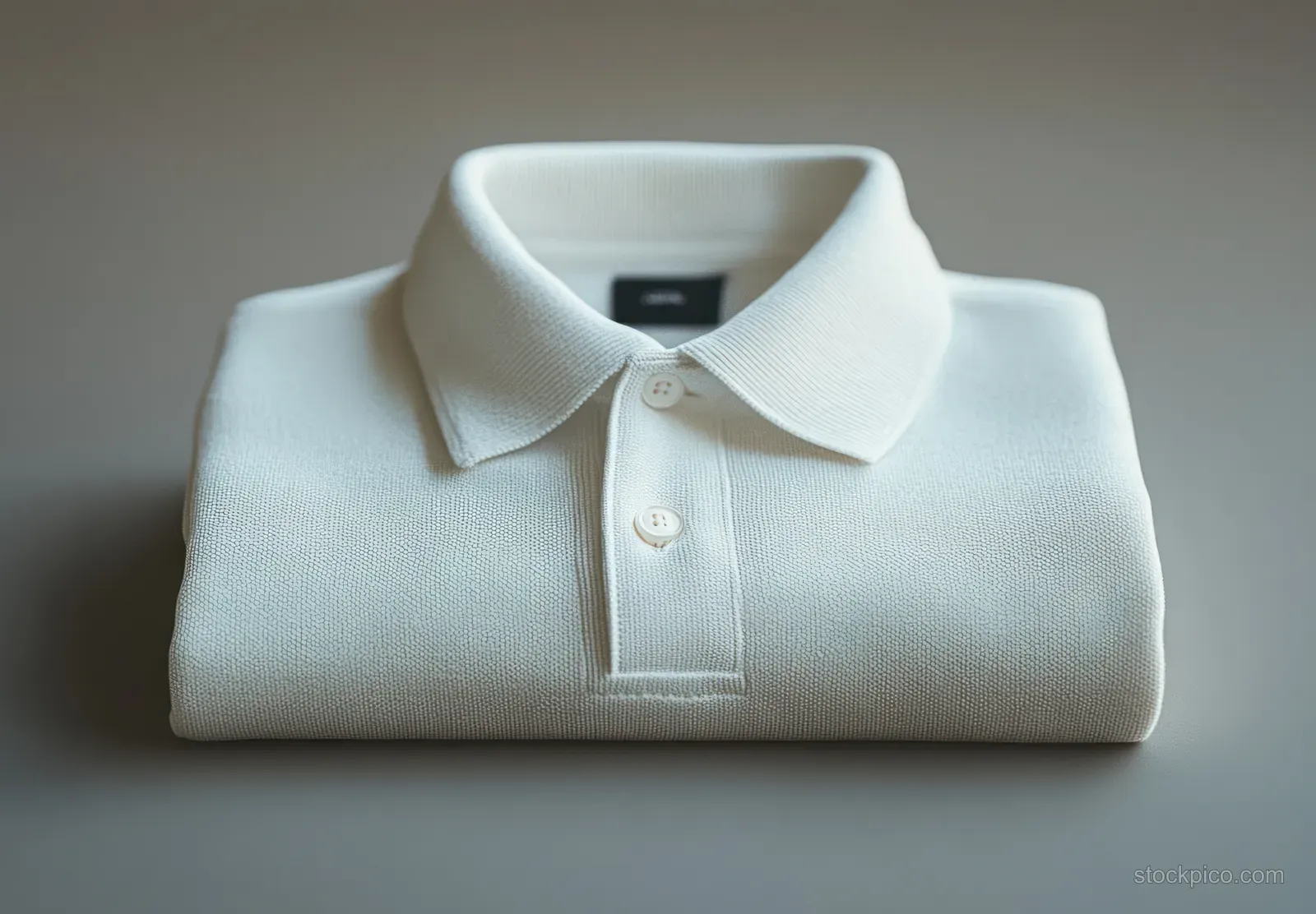 Minimalist illustration of a folded white polo shirt on a soft gray background with gentle side lighting.