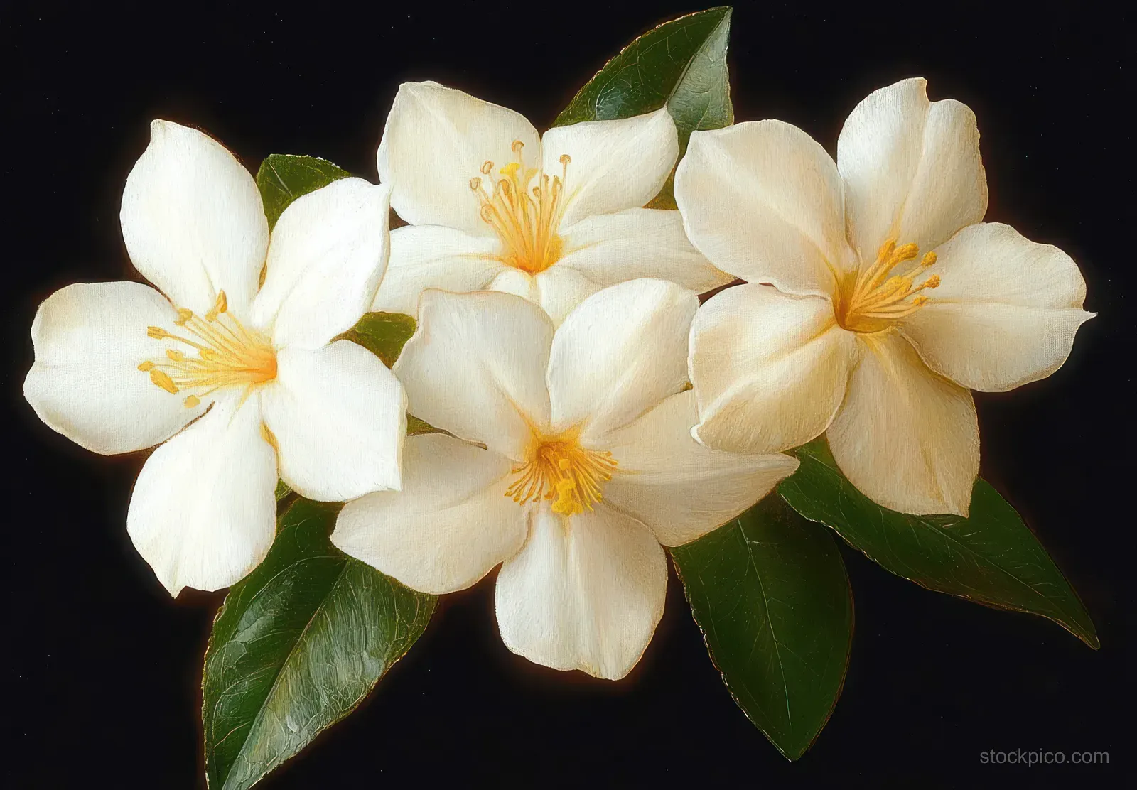 Four white flowers with yellow centers and glossy green leaves arranged against a dark background.