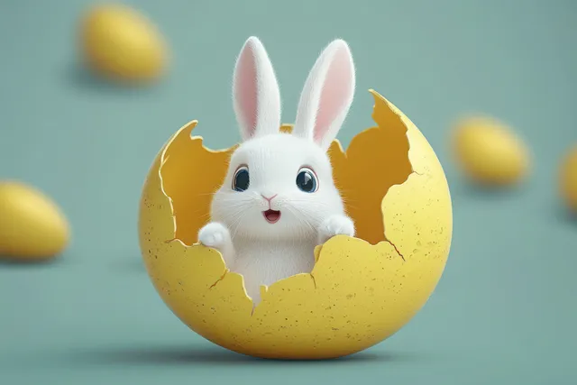 White bunny with big eyes emerges from cracked yellow egg shell, pastel spring scene