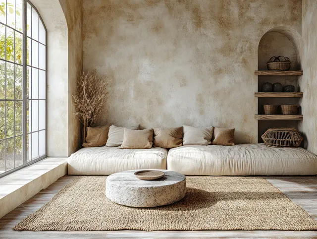 Minimalist Scandinavian living room with a textured sofa, round stone table, and soft daylight from arched windows.