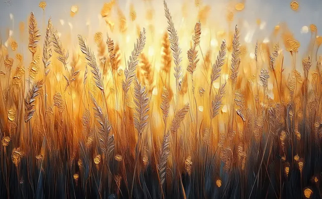 Golden wheat stalks fill the frame in warm minimalist landscape wall art with soft textured light.