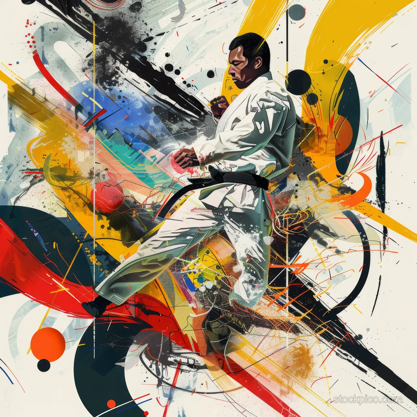 A taekwondo competitor in mid-kick is surrounded by colorful splatters, speed lines, and abstract motion graphics.