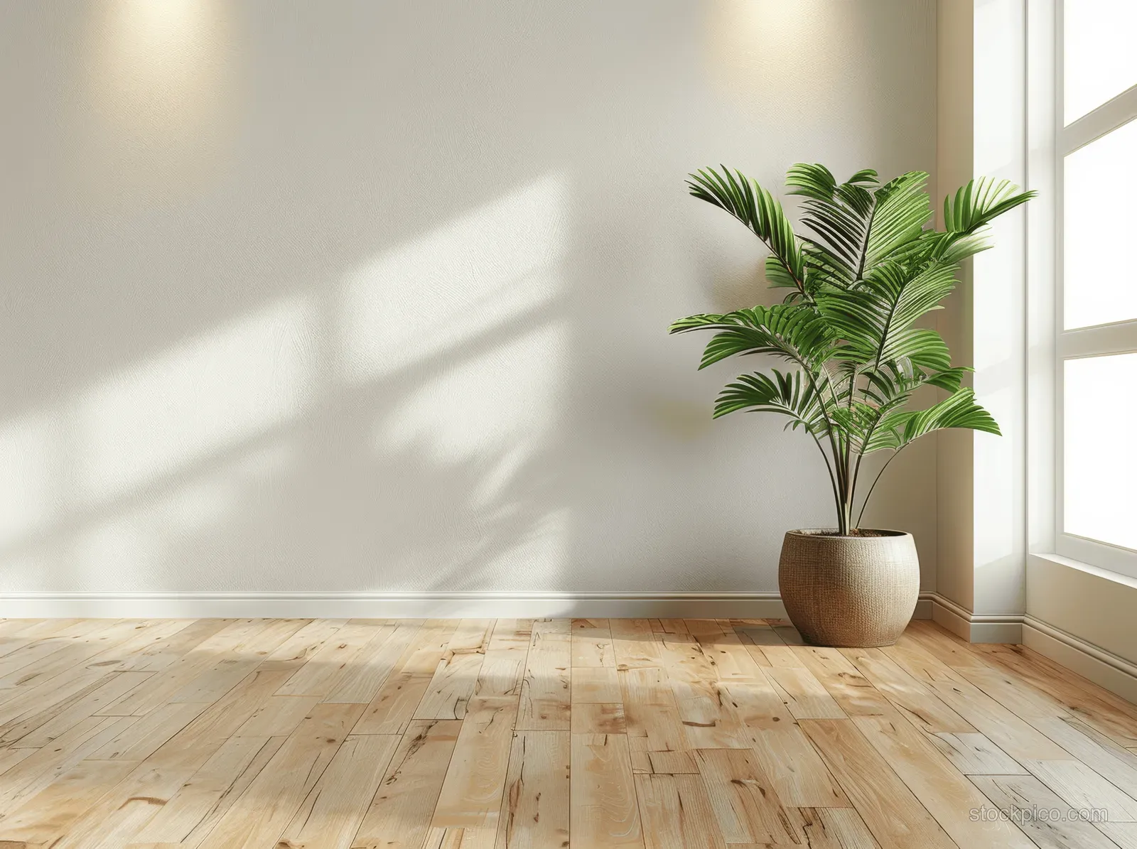 Sunlit empty room with pale wooden floor, smooth concrete wall, and a potted plant near a bright window.