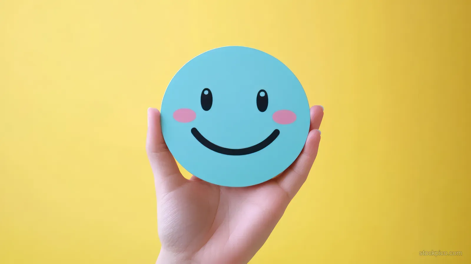 A hand holds a blue smiley face icon representing positive mental health awareness.