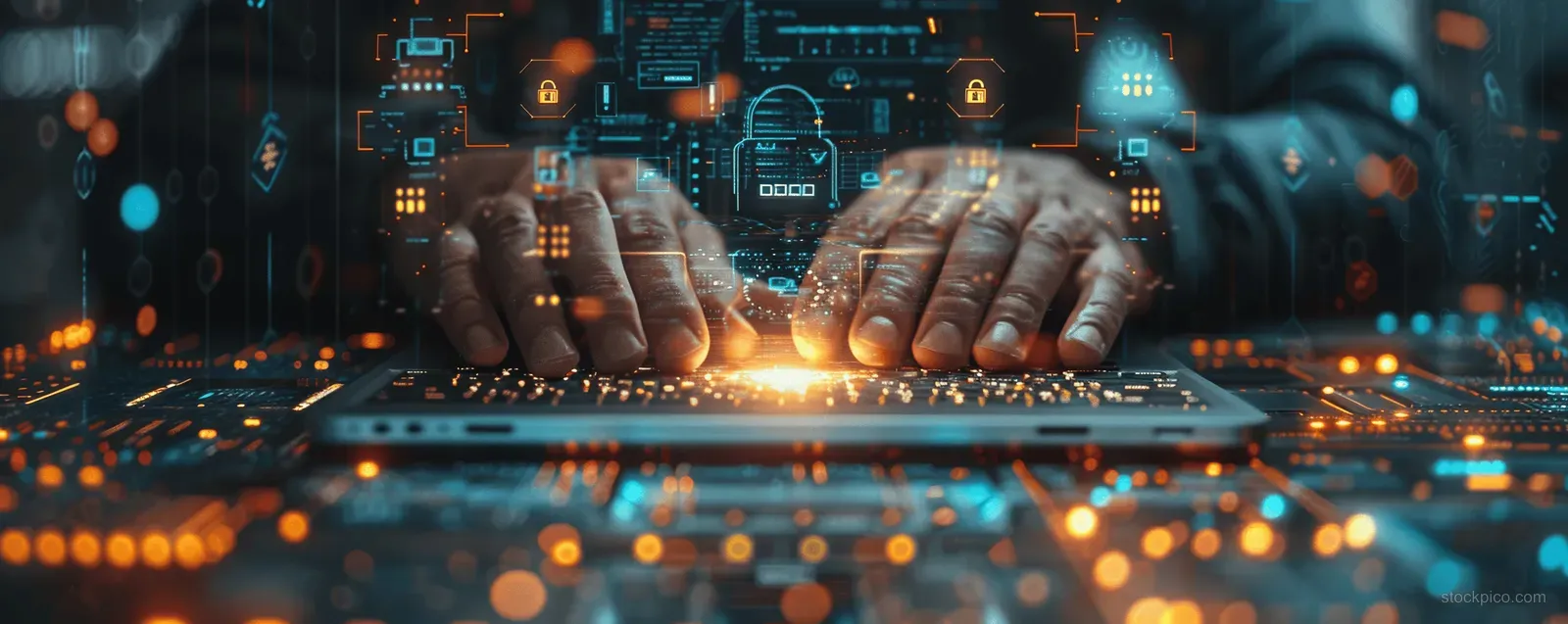 A businessman typing on a laptop while a smartphone encryption shield and lock icons glow over a network backdrop.