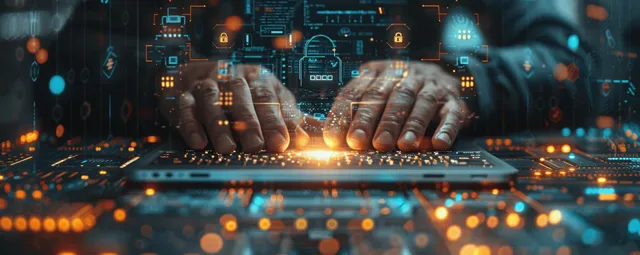 Businessman typing on laptop with smartphone encryption shield glowing on dark network