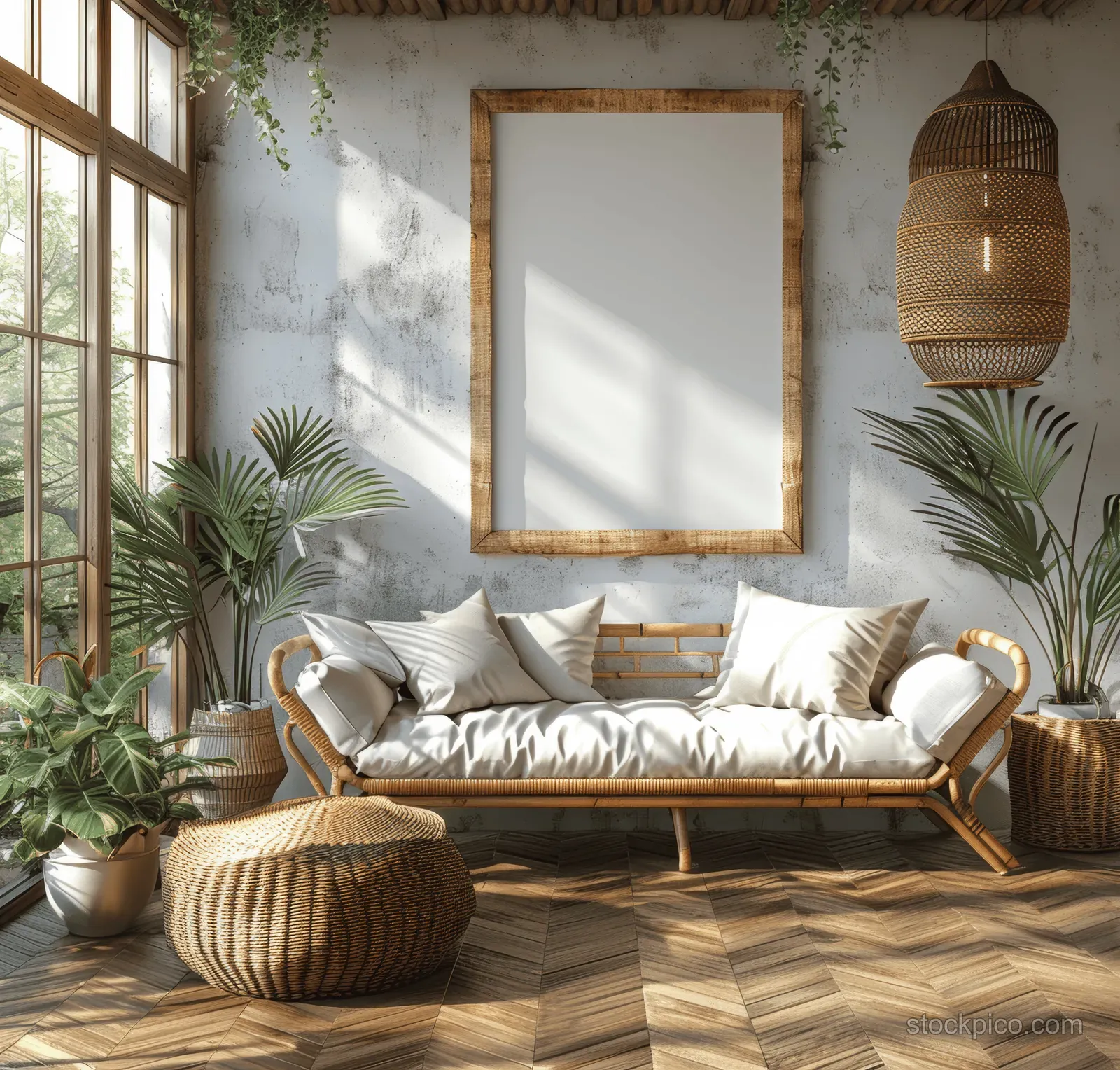 Blank A4 frame on a wall in a sunlit minimalist living room with rattan lamp, plants, and wooden floor.