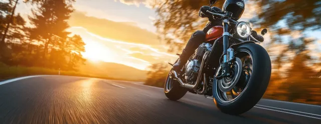 Motorcycle rider leaning into a winding road at sunset, chrome catching golden-hour light