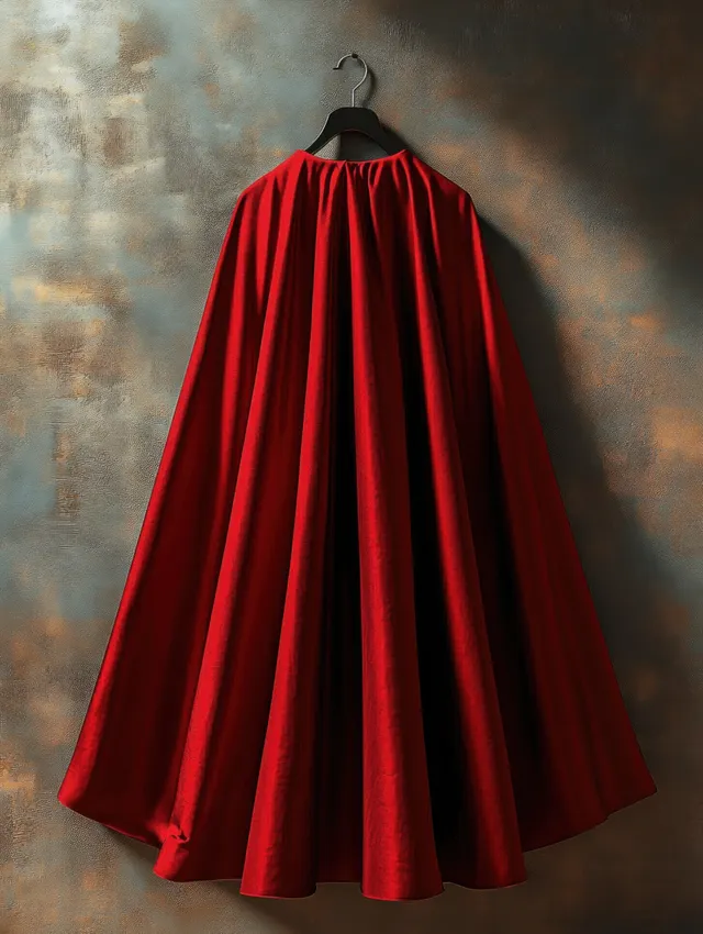 A red cape hangs on a black hanger against a textured wall with soft lighting and visible fabric folds.