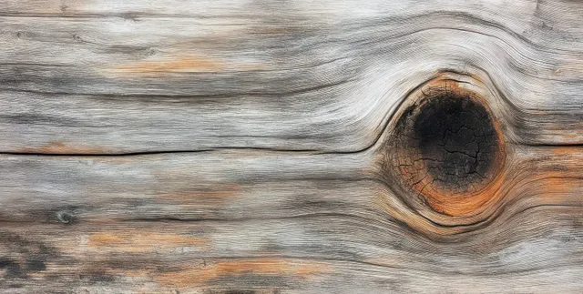 Weathered wooden plank close-up with knot hole and swirling gray-brown grain shadows