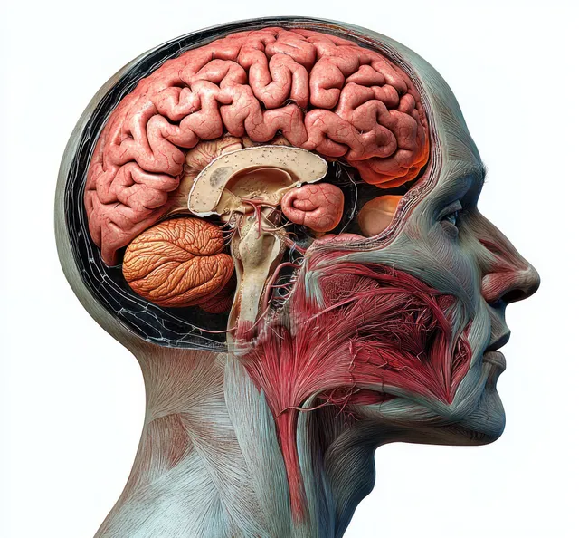 Side-view human head cutaway showing brain lobes, skull, and red nervous system tissues.