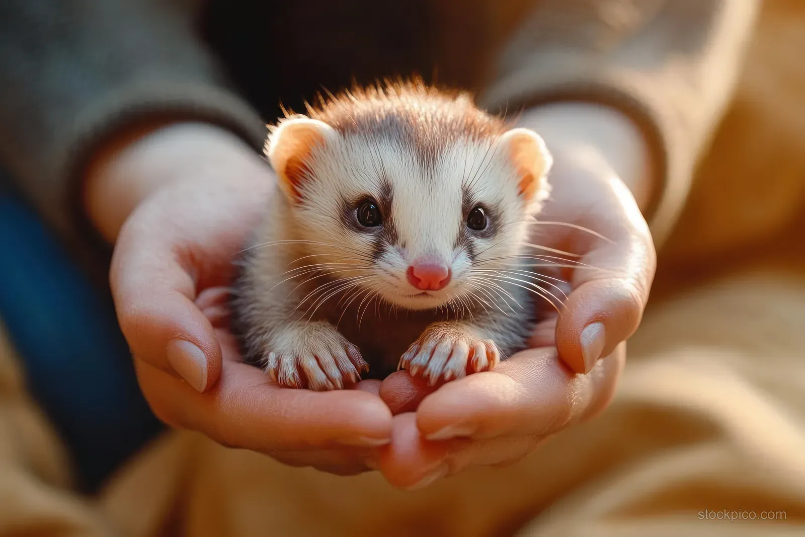 A tiny ferret kit with bright eyes being gently held in warm human hands under soft golden light.