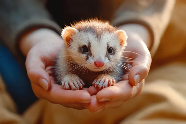 Young ferret with bright eyes gently cradled in warm human hands, soft light