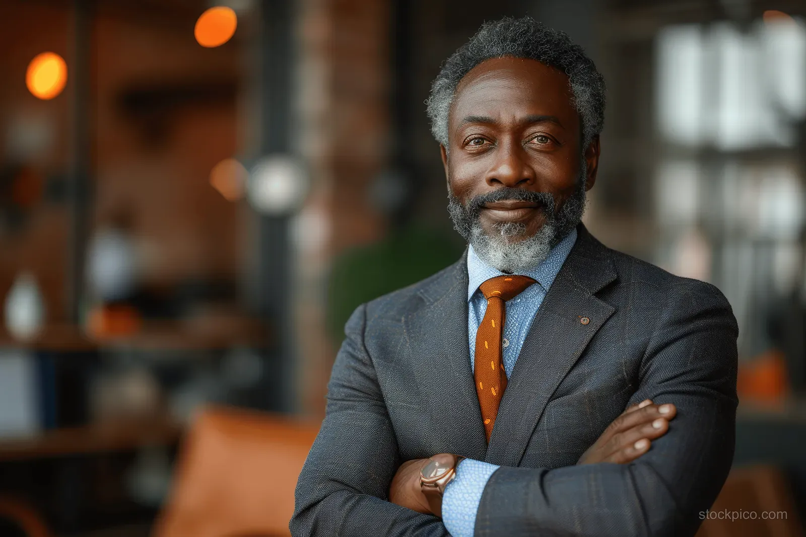 Smiling senior African American executive stands with arms crossed in an office with blurred team and warm lights behind.