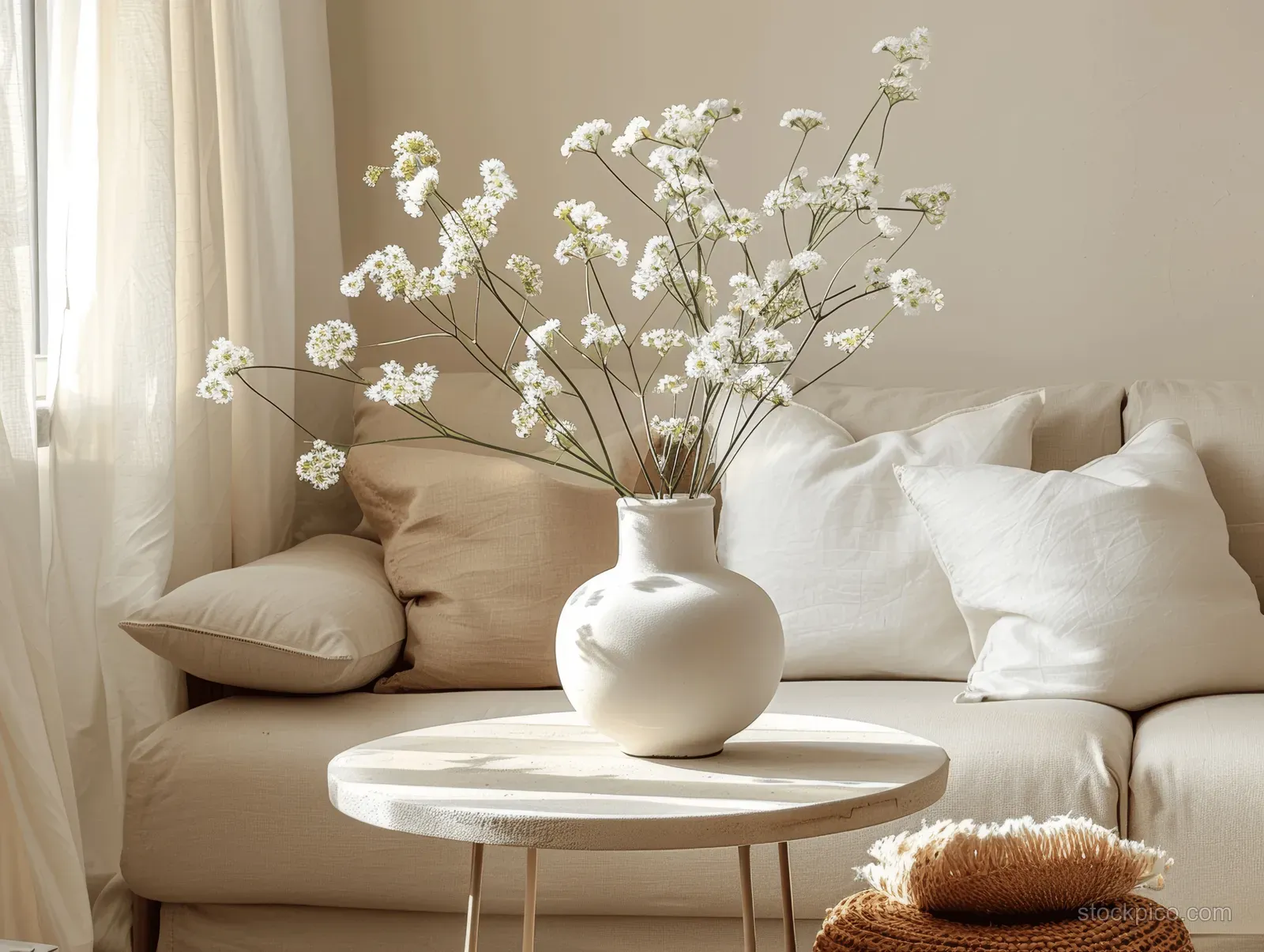 White vase with white flowers on a round coffee table in front of a beige sofa with pillows and curtains.