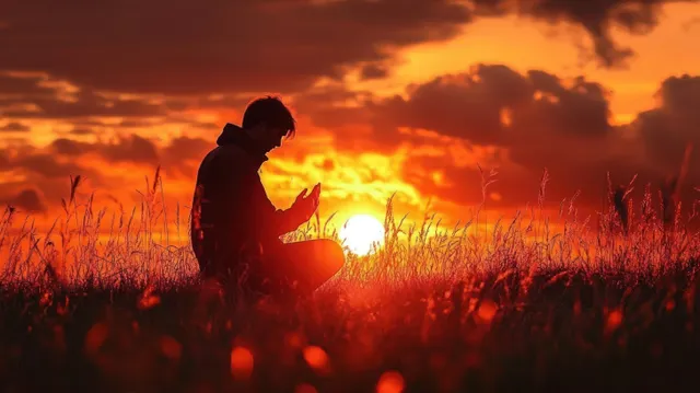 Silhouette of a seated person in tall grass against a glowing orange and red sunset with dramatic clouds.
