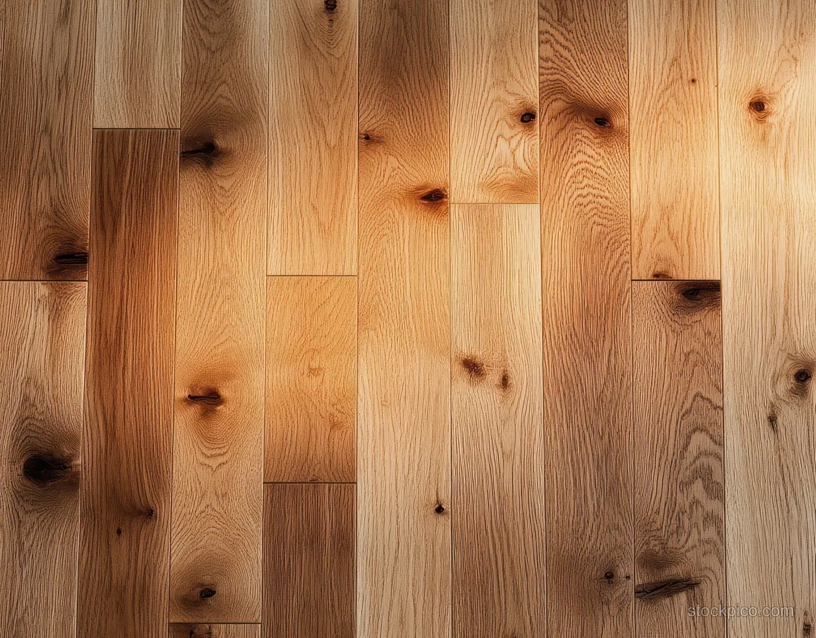 Close-up of warm-lit wooden floor planks displaying visible grain patterns and knots.