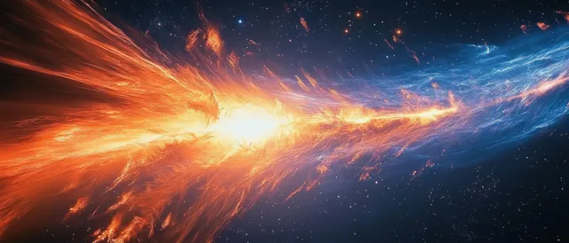 A fiery orange and blue cosmic energy explosion swirls through a star-filled deep space background.