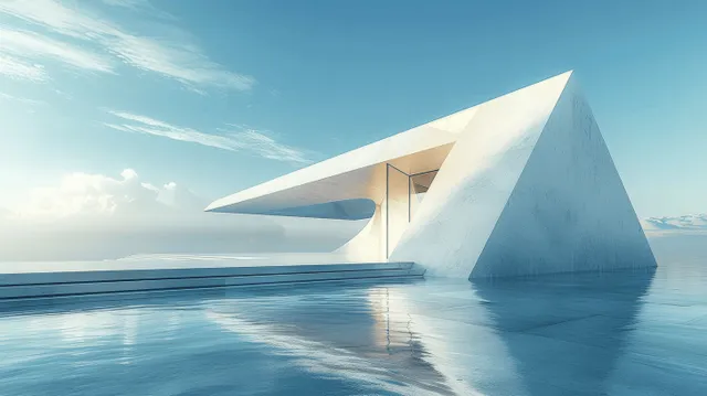 A minimalist triangular concrete building stands on a reflective terrace with blue sky and distant horizon.