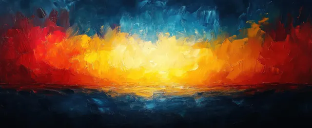 Abstract artwork with merged Ukrainian and Russian flag colors flowing like waves under a glowing sunset.