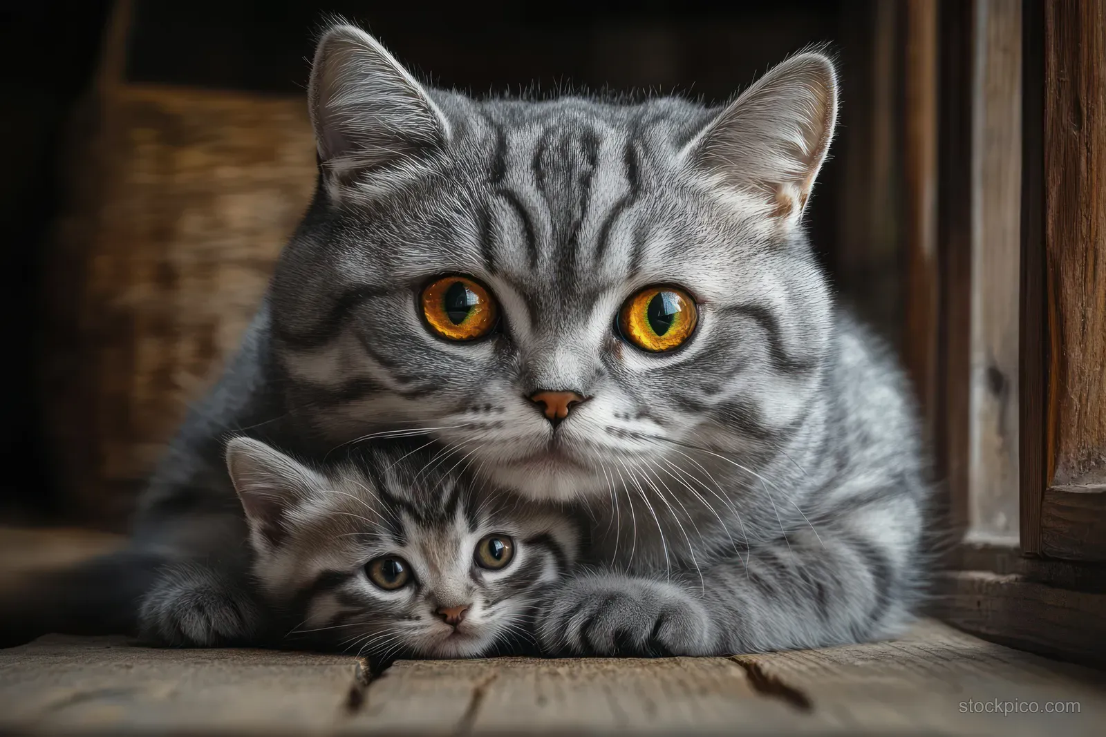 A gray tabby mother cat cuddles with her kitten on a wooden floor near a window.