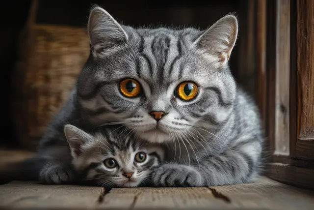 A gray tabby mother cat cuddles with her kitten on a wooden floor near a window.