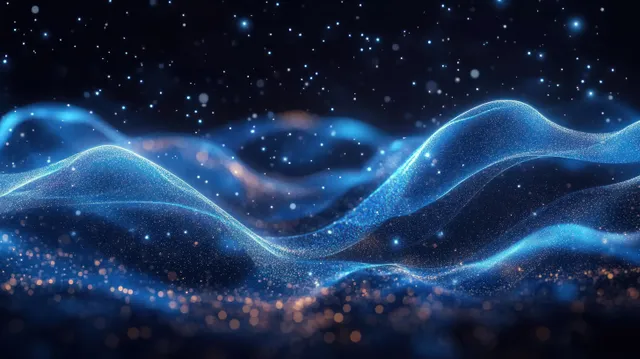 Blue glowing particle waves ripple through a dark starry space with soft bokeh sparkles.