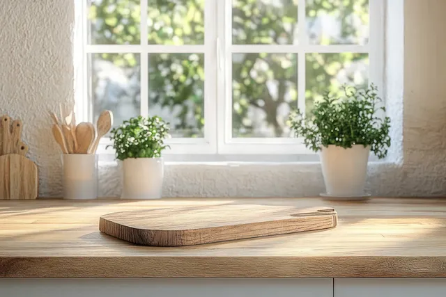 A wooden cutting board sits on a kitchen countertop with potted herbs under bright sunlight from a window.