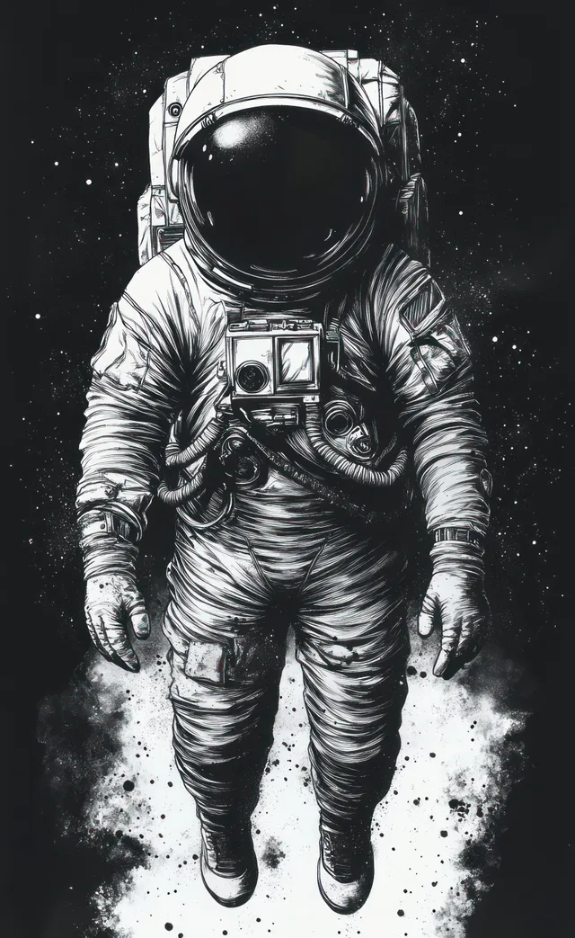 An astronaut in a detailed space suit floats against a starry black and white background.