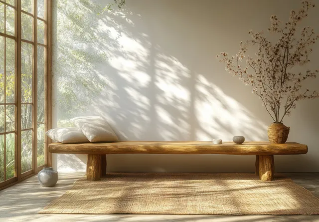 Low wooden bench in a bright minimalist room with sunlight shadows, vase, and small objects near the window.
