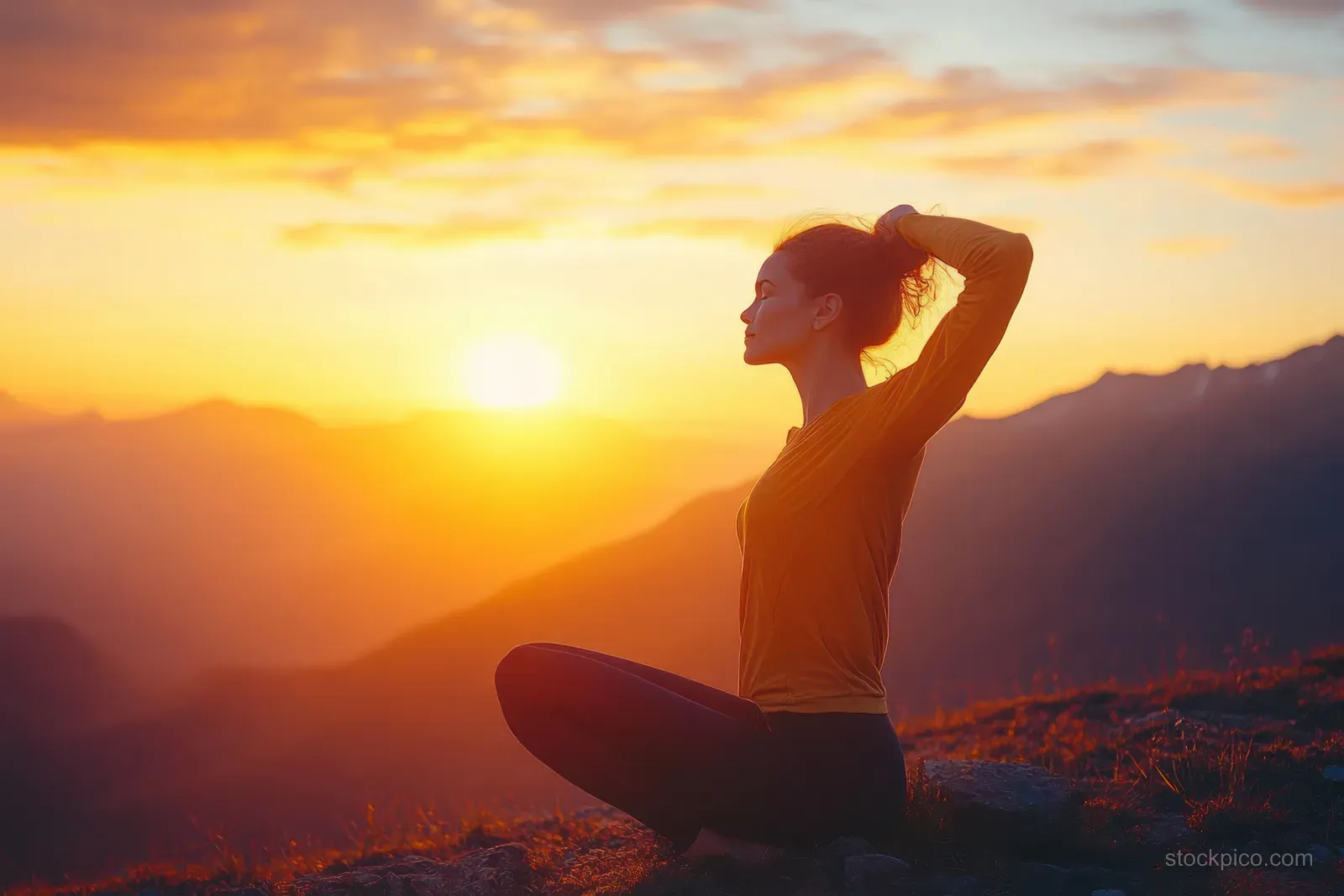 Woman in sportswear stretches in a lunge pose on a mountain ridge at sunset.