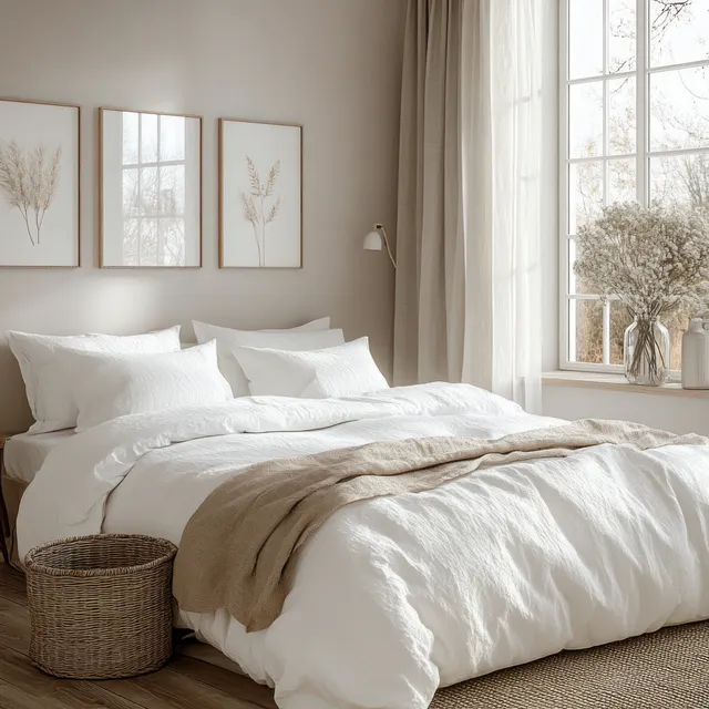 Sunlit minimalist bedroom interior showing a white bed with pillows, woven basket, and framed art by large windows.