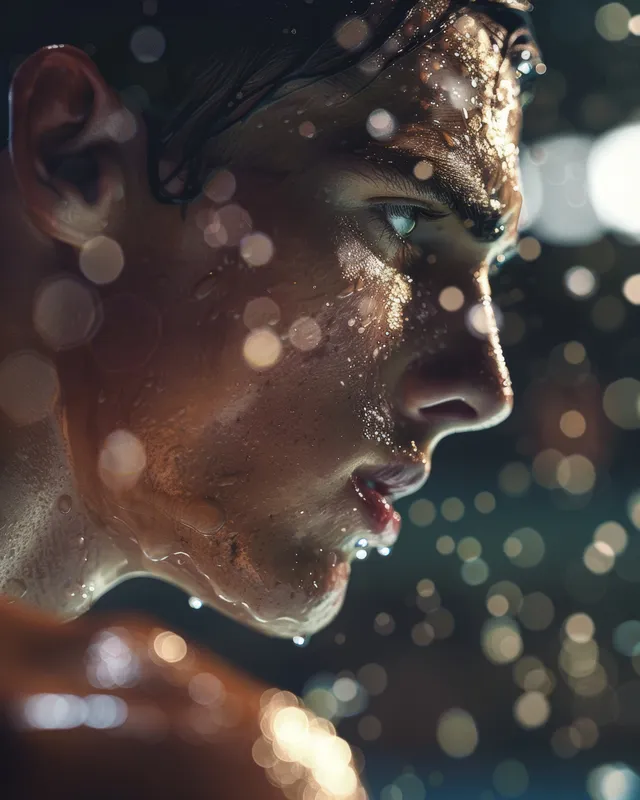 Un nadador masculino sale de la piscina con gotas de agua, mirando intensamente antes de una carrera de 50 m estilo libre.