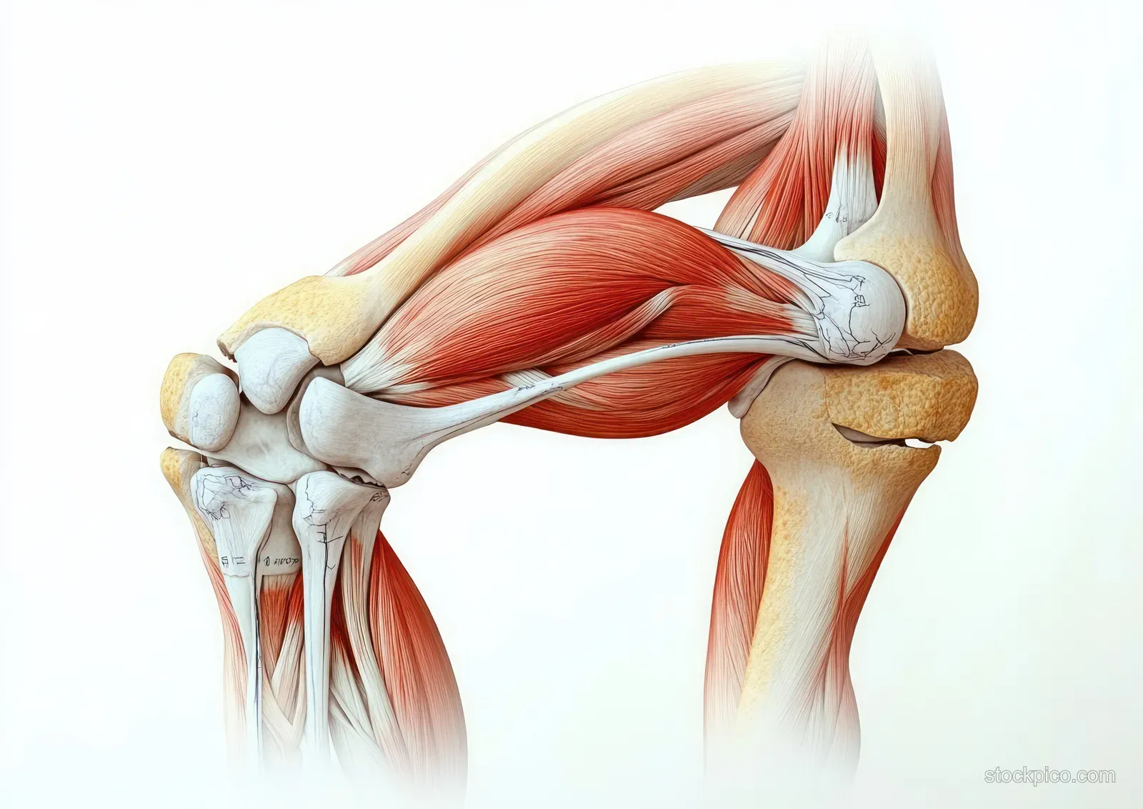 3D anatomical illustration of the human knee joint with exposed muscles, tendons, ligaments, and kneecap against a light background.