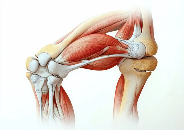 3D anatomical illustration of the human knee joint with exposed muscles, tendons, ligaments, and kneecap against a light background.