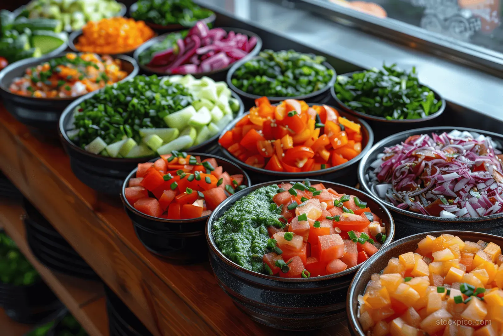 A vibrant display of colorful salads, grain bowls, and fresh juices showcases a health-focused vegan cafe.