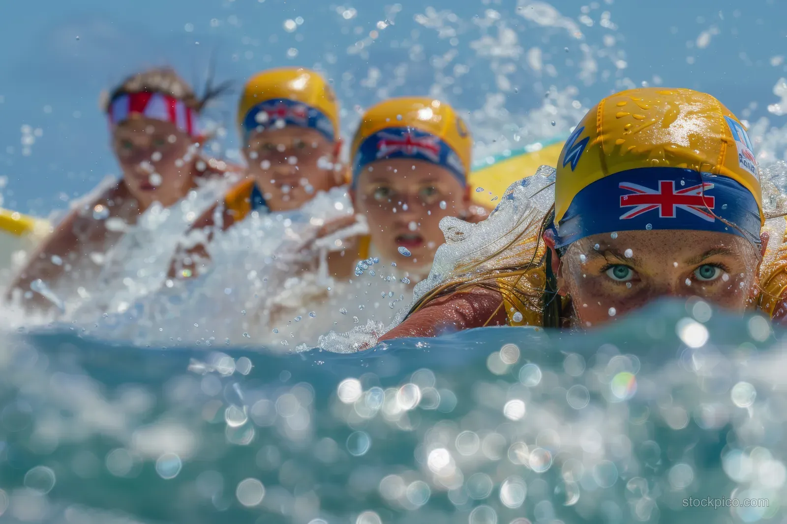 Female surfers paddle through splashing water toward a wave during a shortboard competition semifinal.