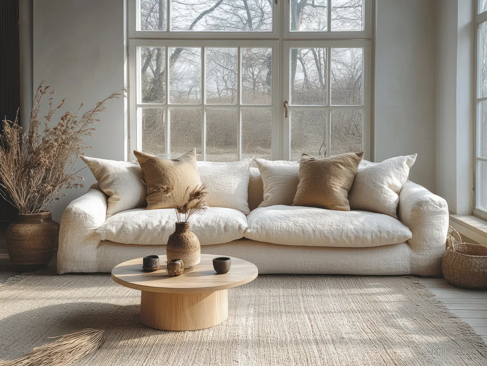 Beige sofa under tall windows with a round coffee table and dried grass decoration on the left.