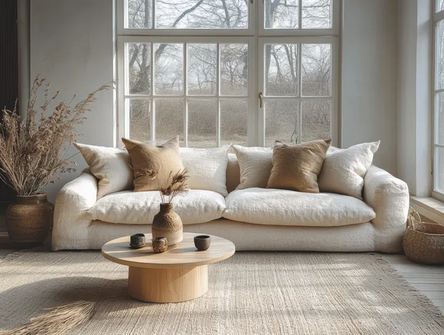 Beige sofa under tall windows with a round coffee table and dried grass decoration on the left.