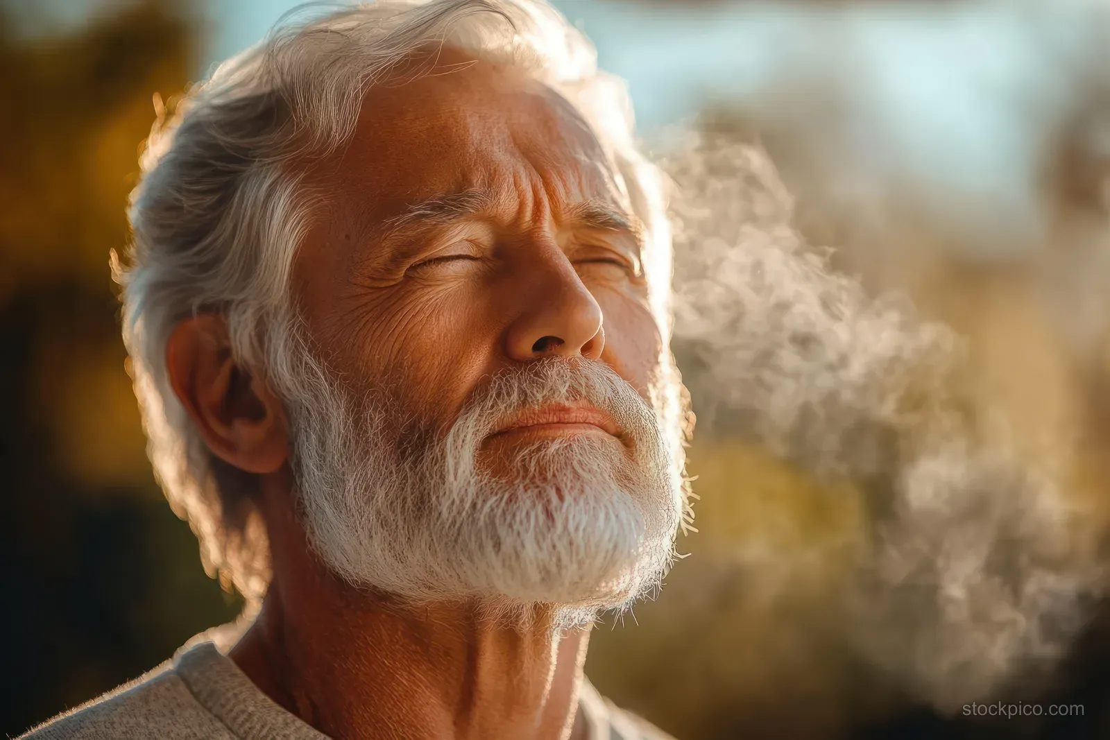 Elderly man with white hair and beard has eyes closed while breath vapor drifts in golden hour cold air.