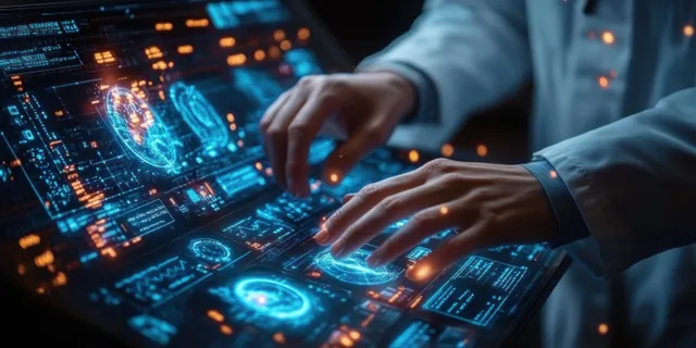Gloved hands in a laboratory manipulate glowing holographic medical data on an AI interface.