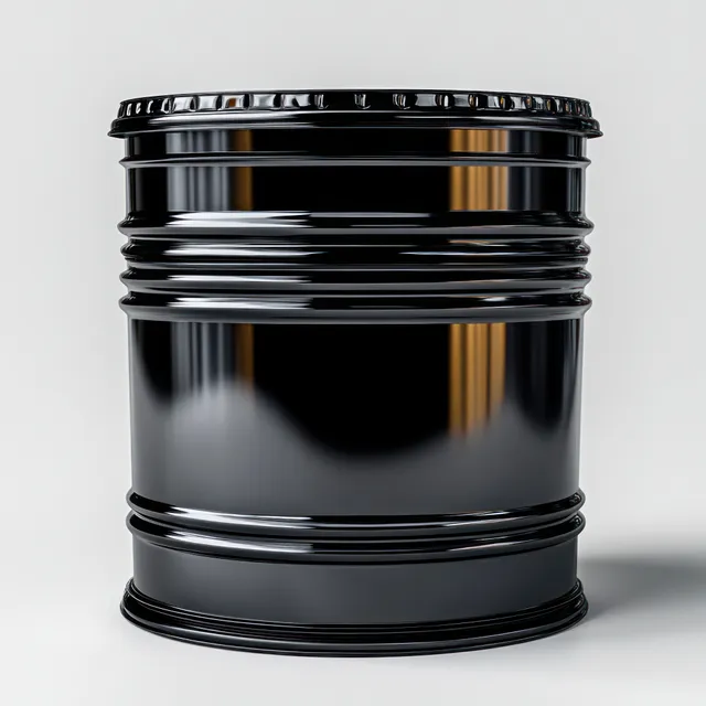 Sleek black oil barrel container isolated on a white studio background with glossy highlights