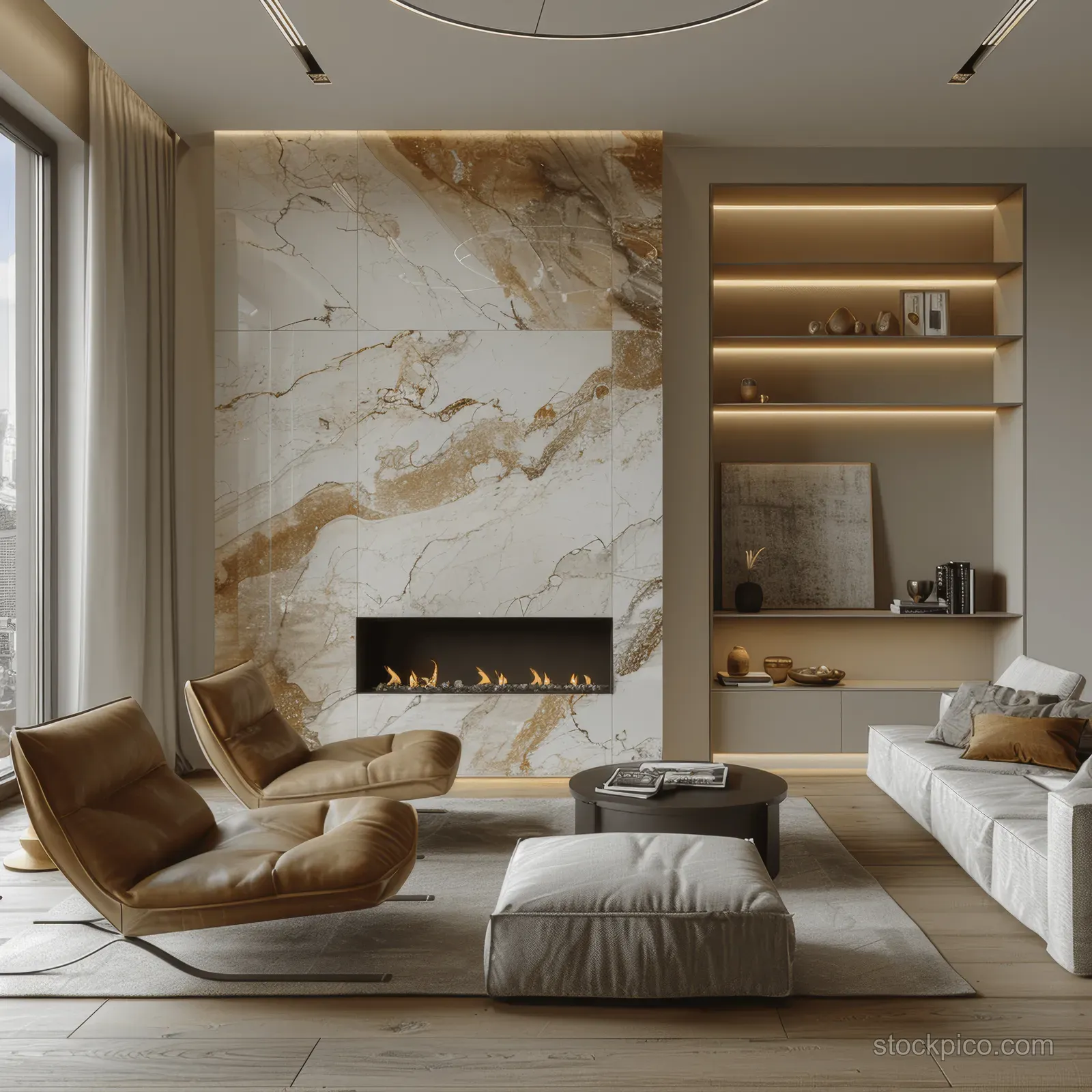 Bright living room showing a marble fireplace wall, built-in shelves, leather armchairs, and minimal modern furniture.