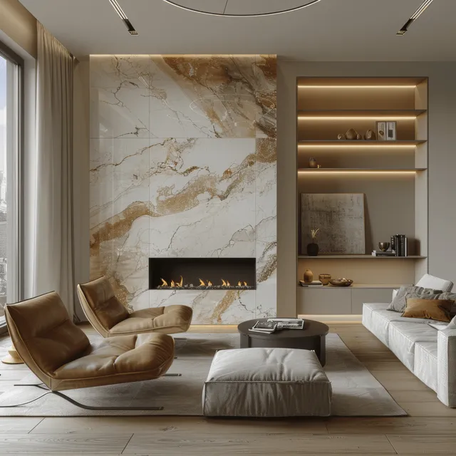 Bright living room showing a marble fireplace wall, built-in shelves, leather armchairs, and minimal modern furniture.