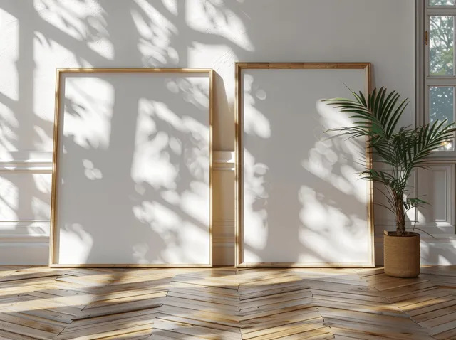 Two large wooden picture frames lean on a light parquet floor as sunlight casts strong leaf shadows from a nearby window.