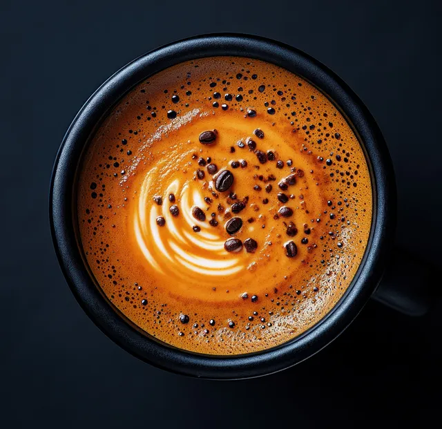 Top view of a black coffee cup filled with rich espresso crema and dark foam bubbles.
